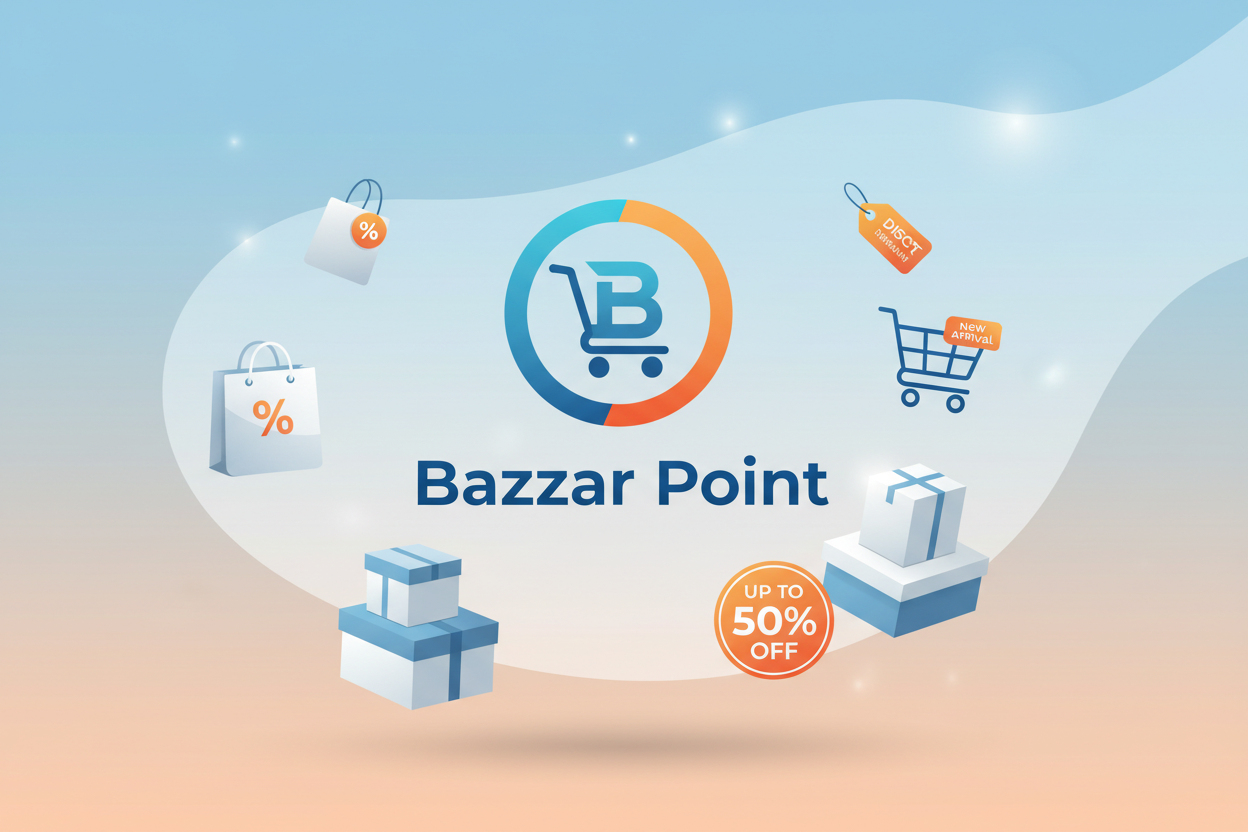 “Create a modern and professional store branding image for an online shopping store named ‘Bazzar Point’. The design should look clean, attractive, and trustworthy. Use vibrant colors like blue, orange, and white. Include shopping-related elements such as shopping bags, cart icons, discount tags, and product boxes. The style should be minimal, high-quality, and suitable for an e-commerce brand. Soft lighting, smooth gradients, and a premium look.”