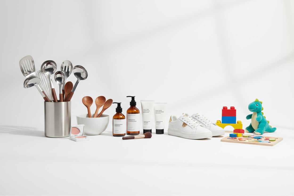 Modern ecommerce banner showing home & kitchen accessories, personal care products, shoes and toys in one image, clean minimal design, professional lighting, realistic style, high quality, attractive online shopping look.